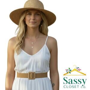 Tan Woven Belt Beaded Square Buckle Adjustable 40.5” NWOT